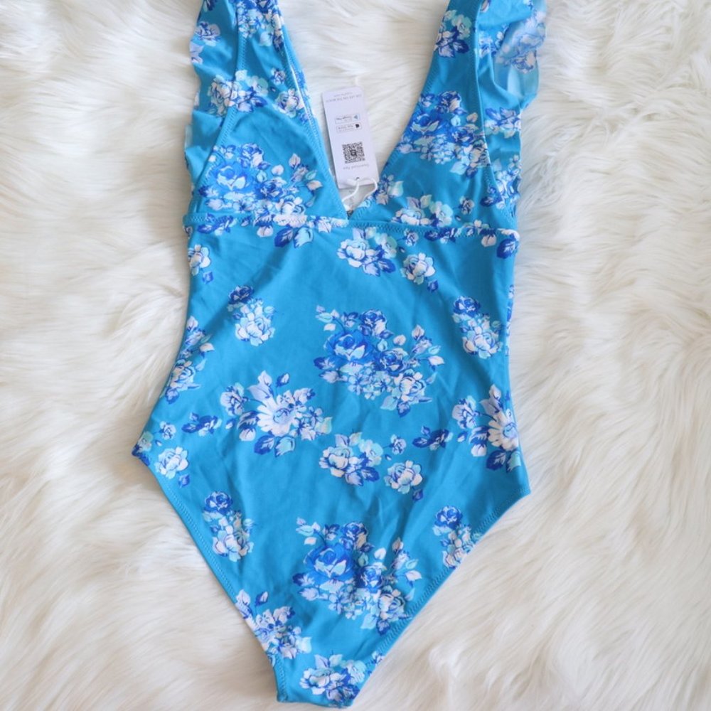 Blue Ruffled Floral One Piece M - Picture 6 of 7